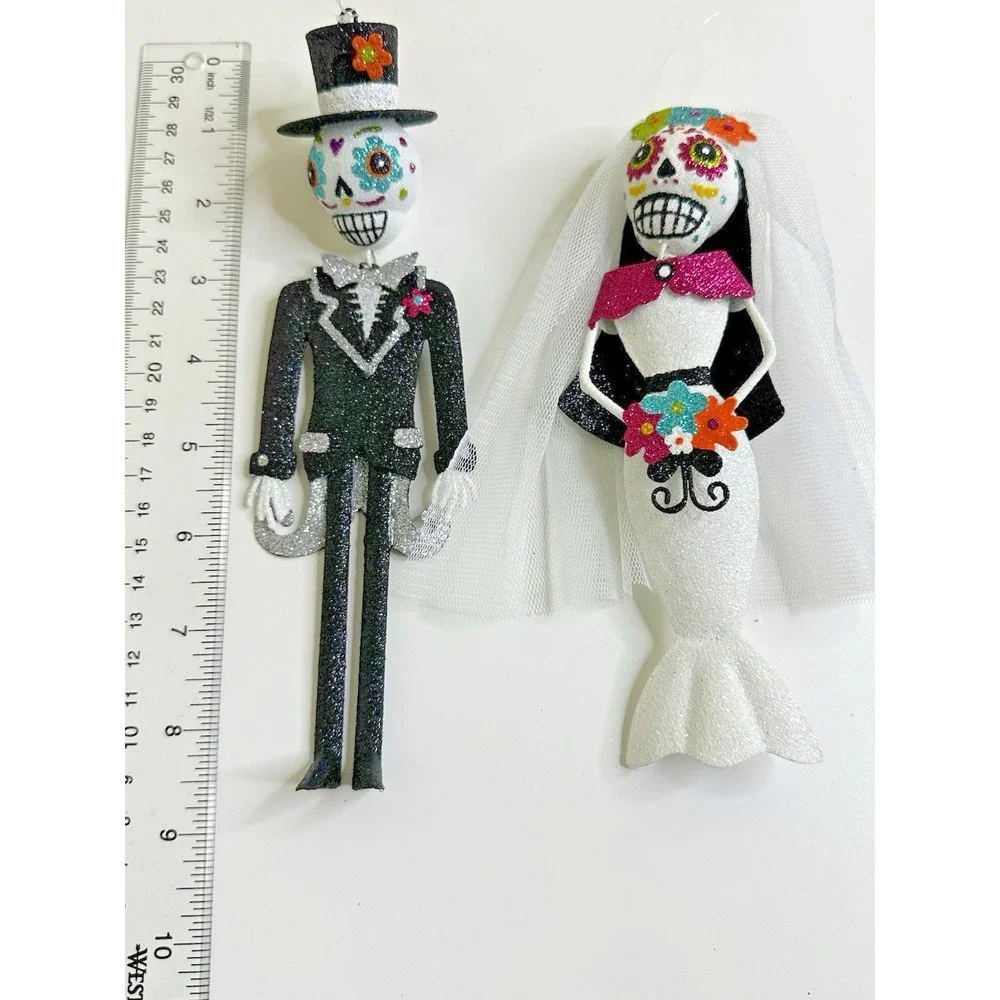 Pier 1 Day Of The Dead Bride Groom Ornaments Skeleton Glitter Sugar Skull Metal